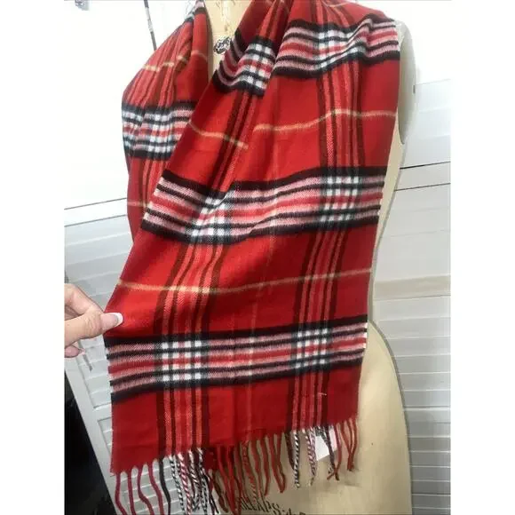 New W/ Tags V. Fraas Cashmink Red, Black & White Plaid Scarf Fringes 54”x 11” - Picture 3 of 7